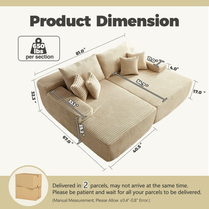 OVIOS 81" Boneless Sofa, Sleeper Couch, No Assembly Required